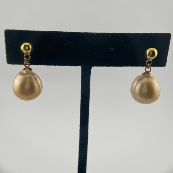 Authentic South Sea Pearl Drop Earrings (Champagne) 12–12.8mm | 14K Gold - Picture 4 of 9